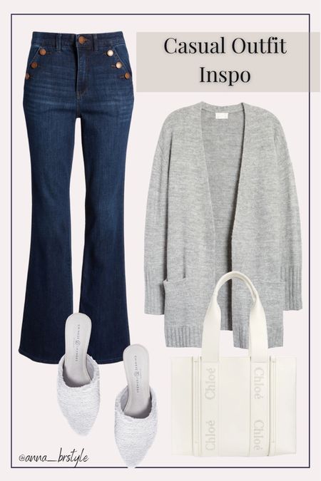 casual outfit inspo / nordstrom outfit inspo / my style / trendy outfits / winter to to spring transition outfits / gray cardigan/ grey slippers / nordstrom boot cut jeans / chloe tote bag 

#LTKstyletip #LTKitbag #LTKshoecrush