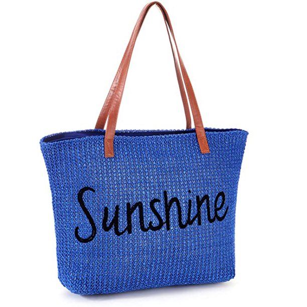 "Sandproof Straw Beach Bag with Zipper , Stitchwork Big Large Tote Bags with Inner Pockets , Trav... | Walmart (US)