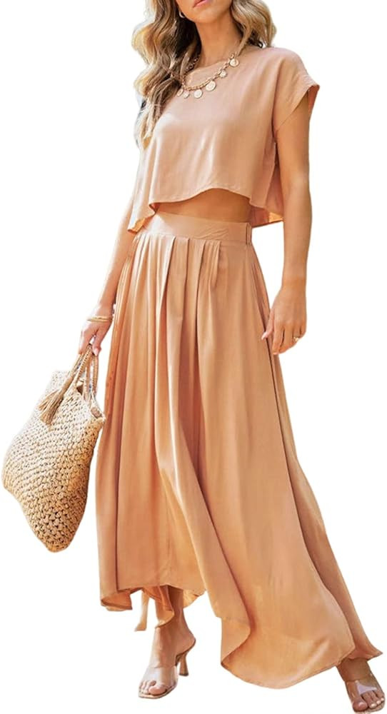 Dokotoo Womens Dresses 2 Piece Summer Outfits Crewneck Tops and Maxi Skirt Dress Sets | Amazon (US)