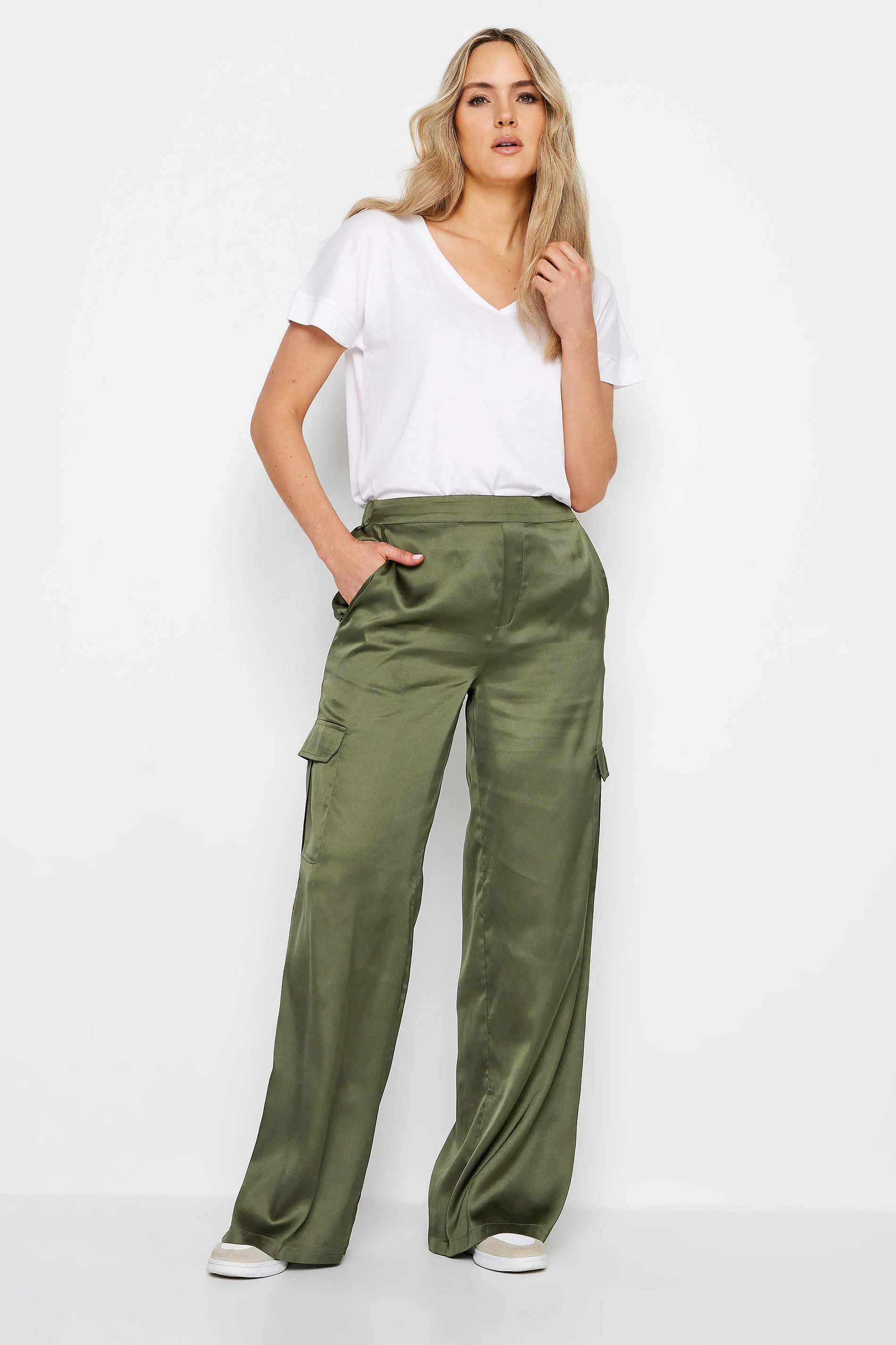 LTS Tall Khaki Green Satin Wide Leg Trousers | Long Tall Sally