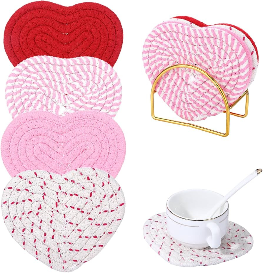 Pink Heart Coasters Set of 4, Handmade Braided Cotton Cute Coasters with Holder, Valentines Drink... | Amazon (US)