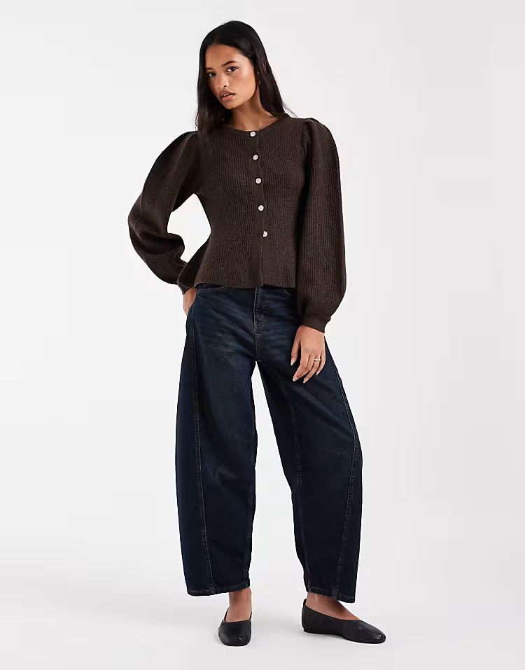 Pieces waist detail soft rib knitted cardigan in brown | ASOS (Global)