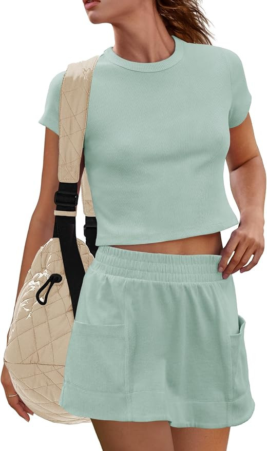 Panadila Womens Skort Sets 2 Piece Outfits Ribbed Short Sleeve Tops and Skirt with Shorts Underne... | Amazon (US)