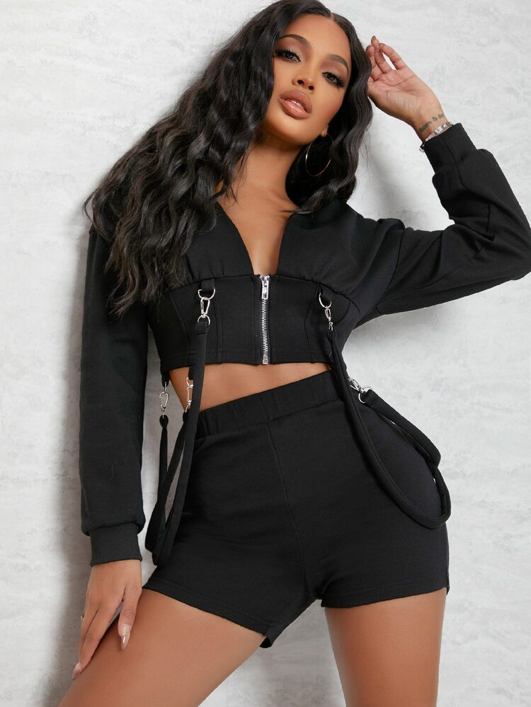 SHEIN SXY Suspender Cropped Hoodie & High-Rise Shorts Set | SHEIN