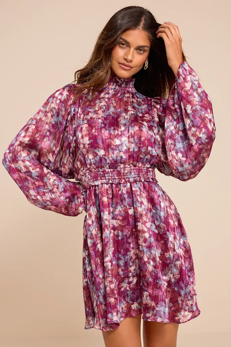 Andie Magenta Multi Abstract Floral Mock Neck Mini Dress | Lulus
