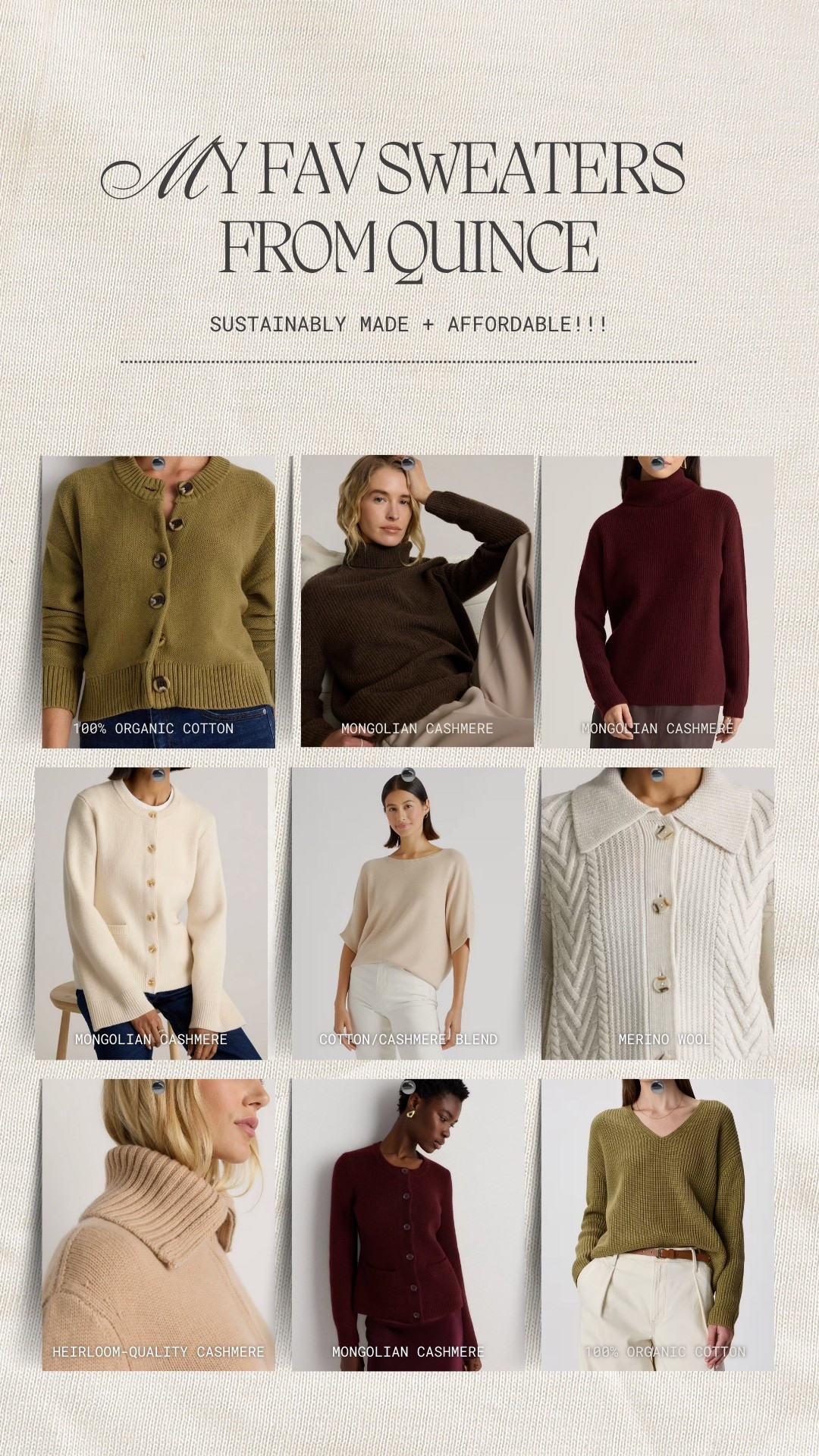 rounding up my favorite sweaters from @onequince ✨ #quincepartner