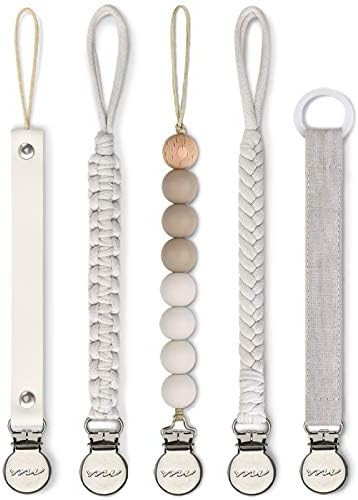Pacifier Clips for Baby Boys Girls-5 Pack Silicone Beads Leather Braided Rope Paci Holder Fits Al... | Amazon (US)