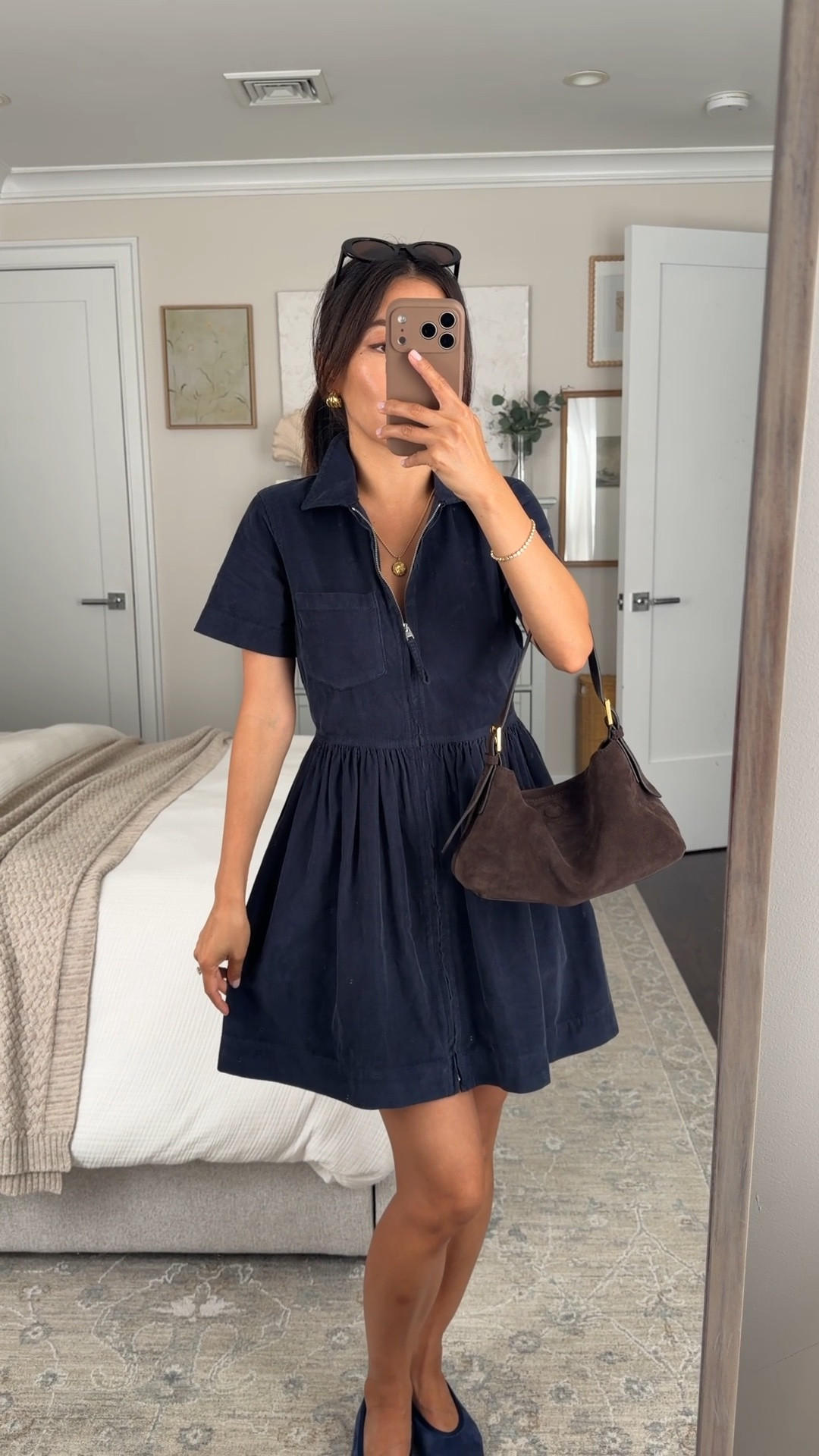 Size info below! 
• jcrew zip up shirt dress 0 petite, I sized up, higher waistline that runs slightly smaller across the waist.
• ballet flats 5.5 very comfy  
• Suede shoulder bag, convertible with 2 straps 

Transitional fall outfit, petite friendly, dress with sleeves