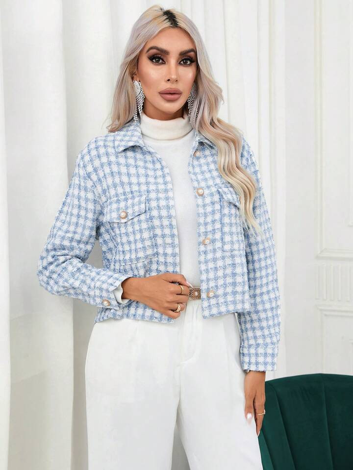 SHEIN Privé Plaid Pattern Flap Pocket Drop Shoulder Tweed Overcoat | SHEIN