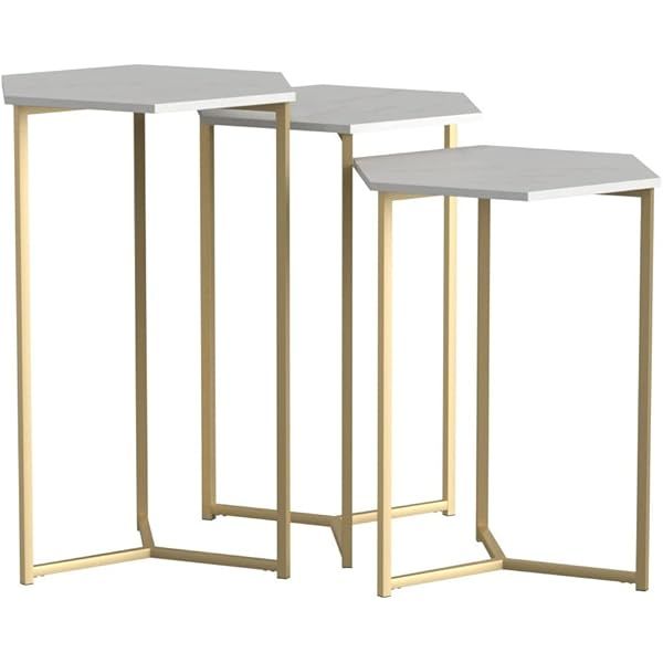POLUNCA Modern Hexagonal Nesting Side Table Set for Living Room Storage,3 Piece, Marble and Gold | Amazon (US)