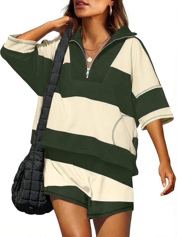 ANRABESS Striped Short Sets for Women 2 Piece Outfits Summer Casual Oversized Workout Athletisure... | Amazon (US)