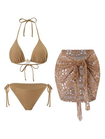 Swim Vcay 3pcs Swim Vacation Starfish Decor Halter Patterned Mesh Skirt Bikini Set For Women, Sum... | SHEIN