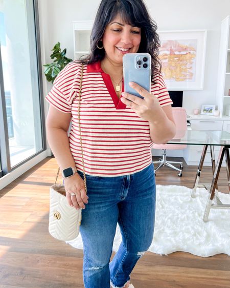 Madewell striped cropped polo tee size medium on sale + an additional 25% off for Insiders (sign up with email). Mother jeans size 32. Steve Madden sandals true to size. Gucci bucket bag. 

#liketkit @shop.ltk https://liketk.it/4jdZO

Madewell top, Madewell polo shirt, Madewell tee, striped shirt, striped polo, fall outfit inspiration, fall fashion, everyday outfits fall, casual fall outfits, everyday fall outfits, casual outfits, fall outfits, fall outfits 2023, fall fashion 2023, spring summer outfits, Mother jeans, Mother denim, neutral sandals, bone sandals, ivory sandals, comfort sandals, comfortable sandals, comfortable shoes, walking shoes

#LTKSale #LTKover40 #LTKmidsize