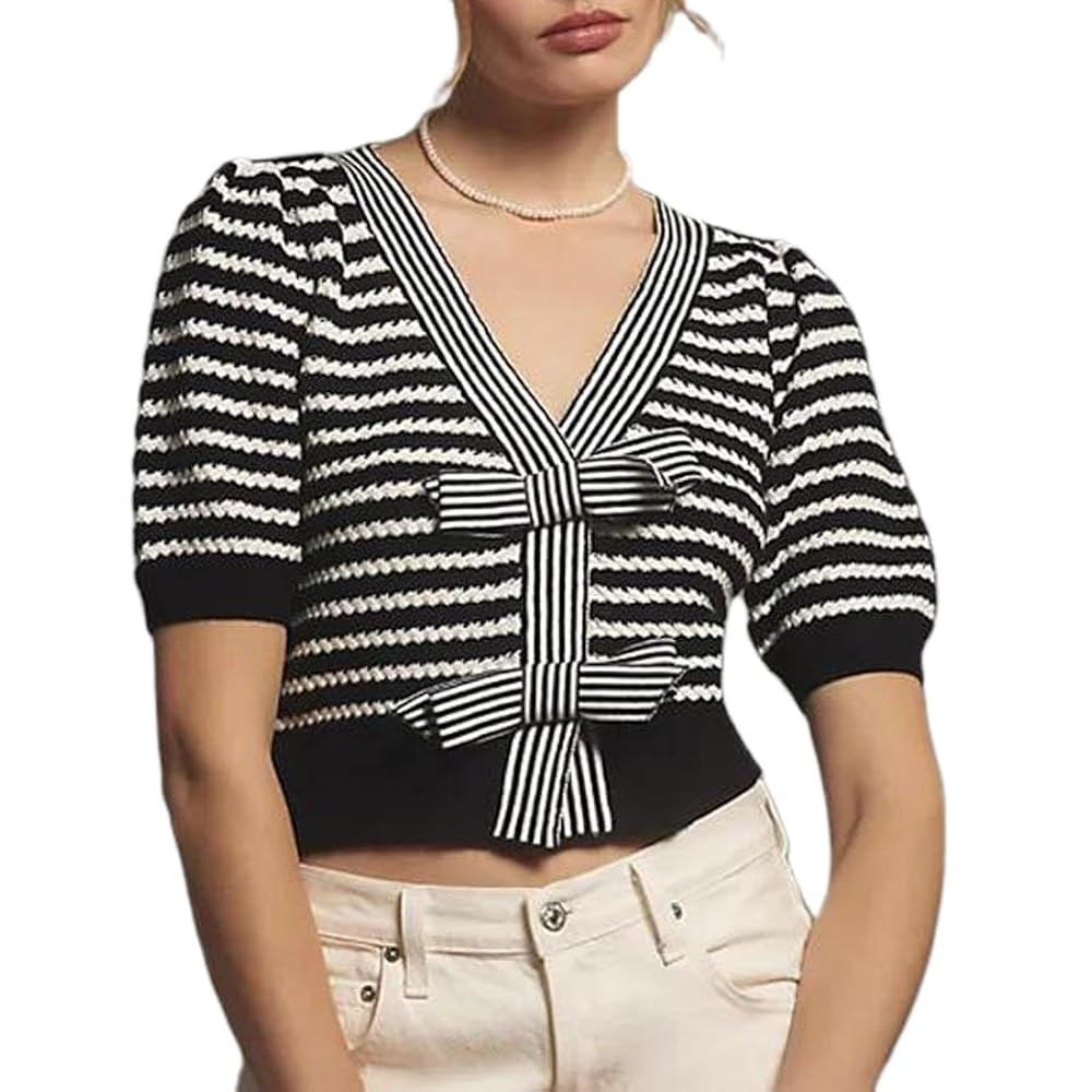 Women's Striped Knit Tops Y2K Short Puff Sleeve V Neck Bow Front Crop Sweater Shirt Casual Slim B... | Amazon (US)