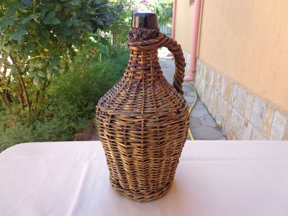 1930s. Old Dark Green Wine Bottle. Wine Demijohn . Tightly Wicker Woven. Willow Wine Bottle.  220... | Etsy (US)