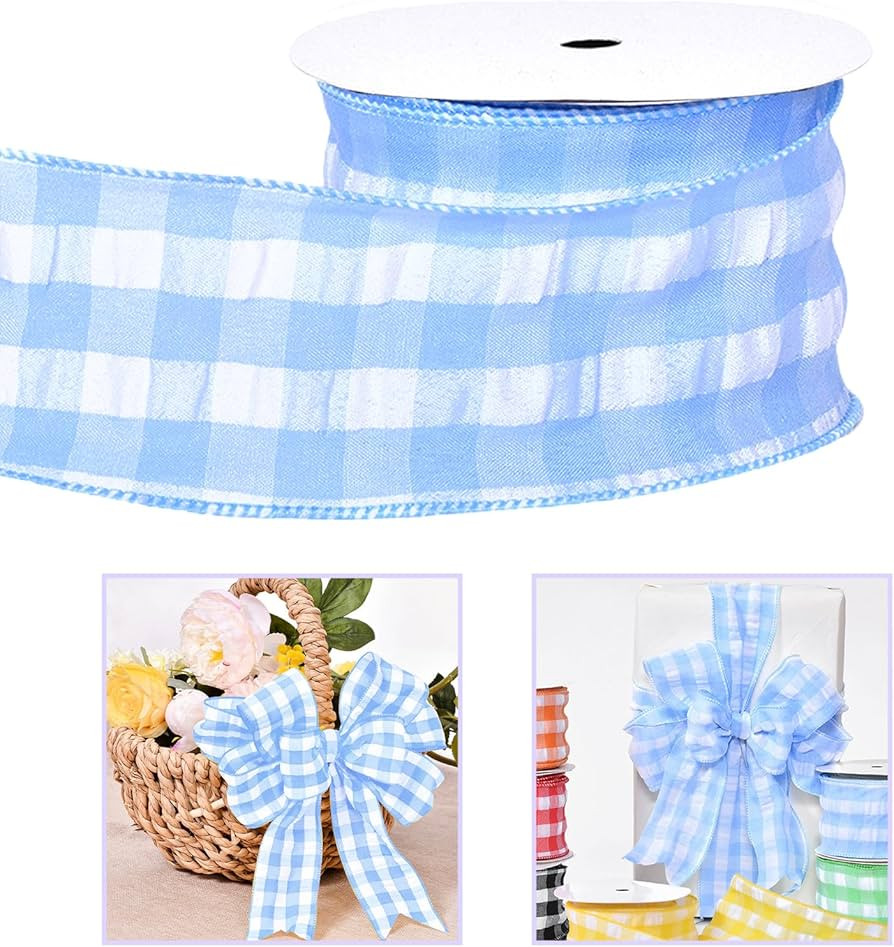 2.5" X 10 Yards Blue and White Buffalo Plaid Wired Ribbon, Spring Blue Check Farmhouse Craft Ging... | Amazon (US)