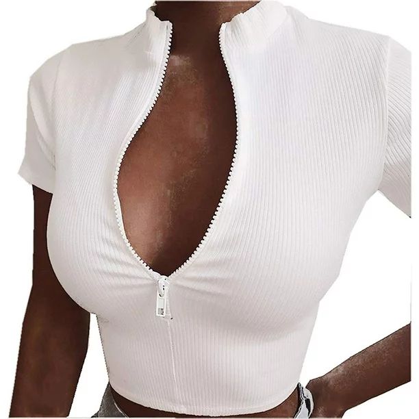 Women's Sexy Collared V Neck Ribbed Knit Short Sleeve Crop Top Slim Fit Tee Tops | Walmart (US)