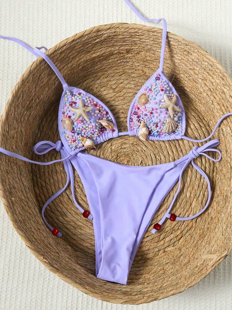 Swim Vcay Women's New Colorful Pearl Bikini Swimwear, Halter Neck Swimwear | SHEIN