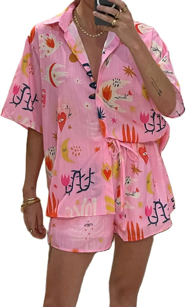 Women Graphic 2 Piece Shorts Matching Sets Button V Neck Short Sleeve Blouse Wide Leg Shorts Summ... | Amazon (US)