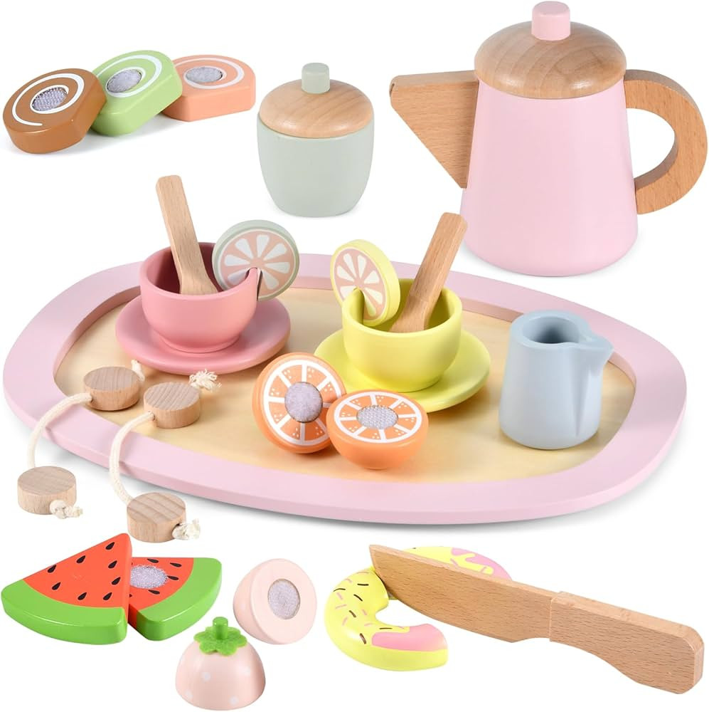 Wooden Tea Set for Little Girls with Cutting Play Food Toys, Wooden Tea Party Set with Food Prete... | Amazon (CA)