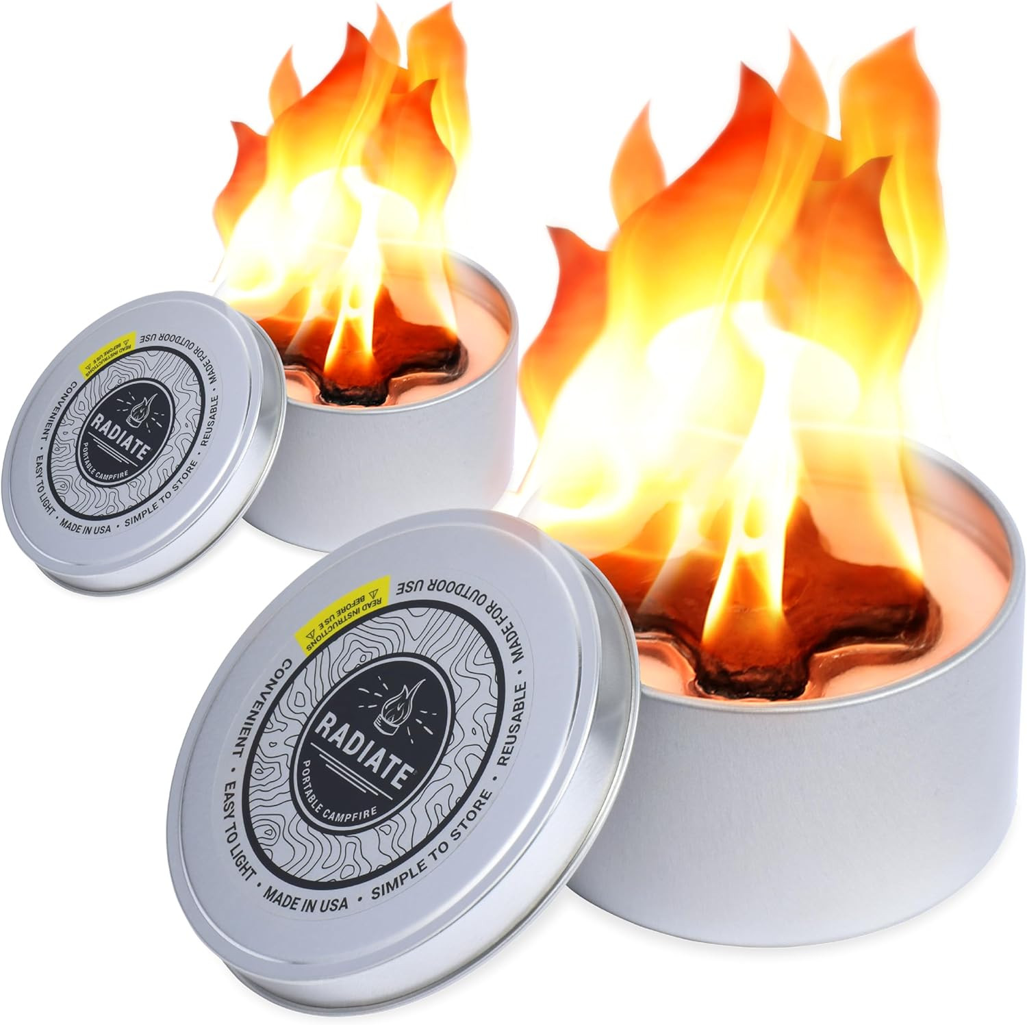 Radiate - 2 Pack Outdoor Portable Campfire - 3 Hours of Warmth and Burn Time - 4” Reusable Fire Pit for Camping, Smores, Cooking, and Picnics - Recycled Soy Wax | Amazon (US)