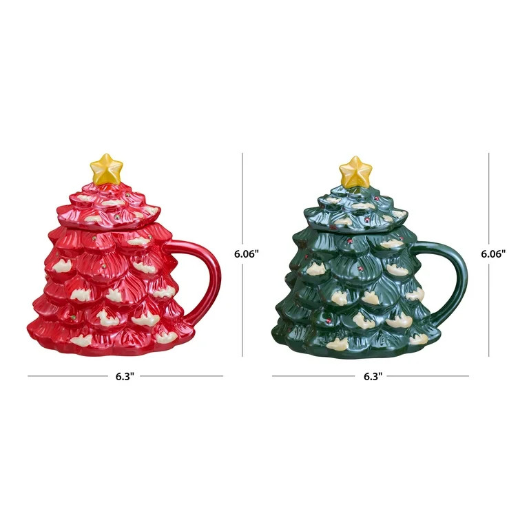 Holiday Time 14-oz Holiday Tree Glazed Stoneware Ceramic Mug with Lid, 2 Pack, Multicolor | Walmart (US)