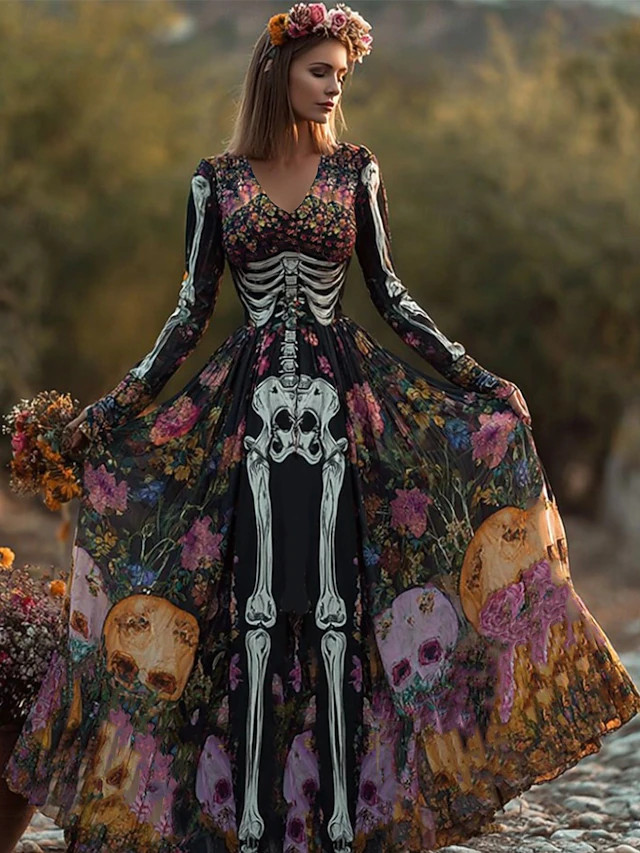 Halloween Women's Skeleton Maxi Dress Pleated Dress Boho Date Going out Regular Fit Skull Long Sl... | Lightinthebox