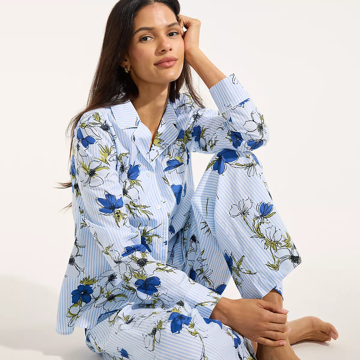Women's Cotton Poplin 2 Piece Pajama Set - Long Sleeve Top and Pants | Lands' End (US)