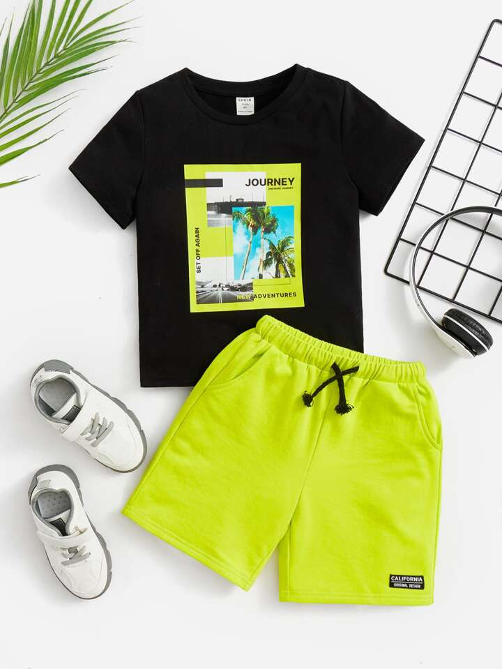 SHEIN Kids SUNSHNE Toddler Boys Coconut Tree & Letter Graphic Tee & Shorts | SHEIN