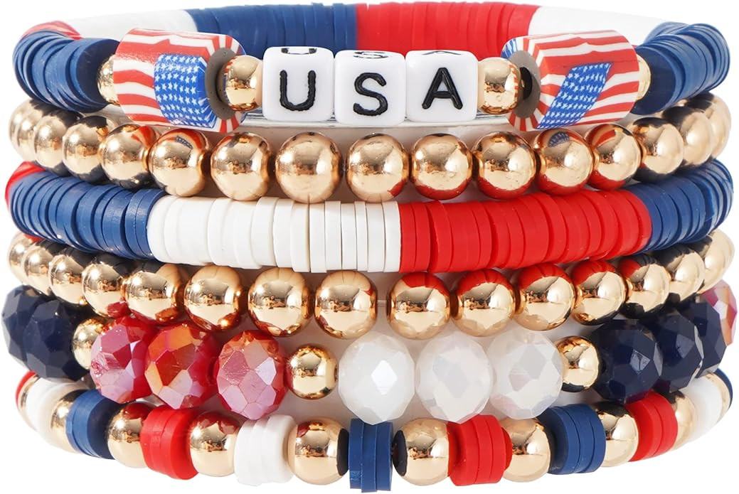 Summer Surfer Heishi Bracelet Set for Women Stackable Gold Plated Clay Ploymer Bead Stretch Pink ... | Amazon (US)