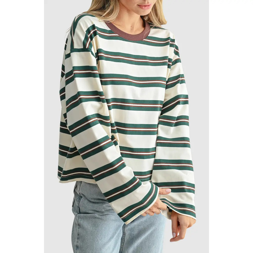 All in Favor Striped Long Sleeve T-Shirt in Ivory Green Stripe at Nordstrom, Size Large | Nordstrom