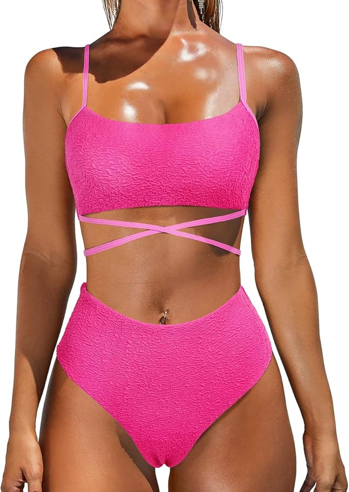 OMKAGI Women's 2 Pieces Bandeau Bikini Swimsuits Off Shoulder High Waist Bathing Suit High Cut | Amazon (US)