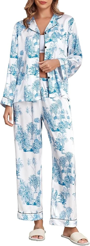 Brosloth Women's Silk Satin Pajamas Pjs Sets Cute Lace Pattern Two Piece Loungewear Set Button Up... | Amazon (US)