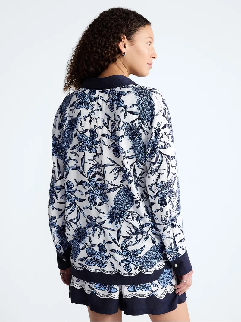 Free Assembly Women's and Women\u2019s Plus Pineapple Print Shirt with Long Sleeves, Sizes XS-4X | Walmart (US)