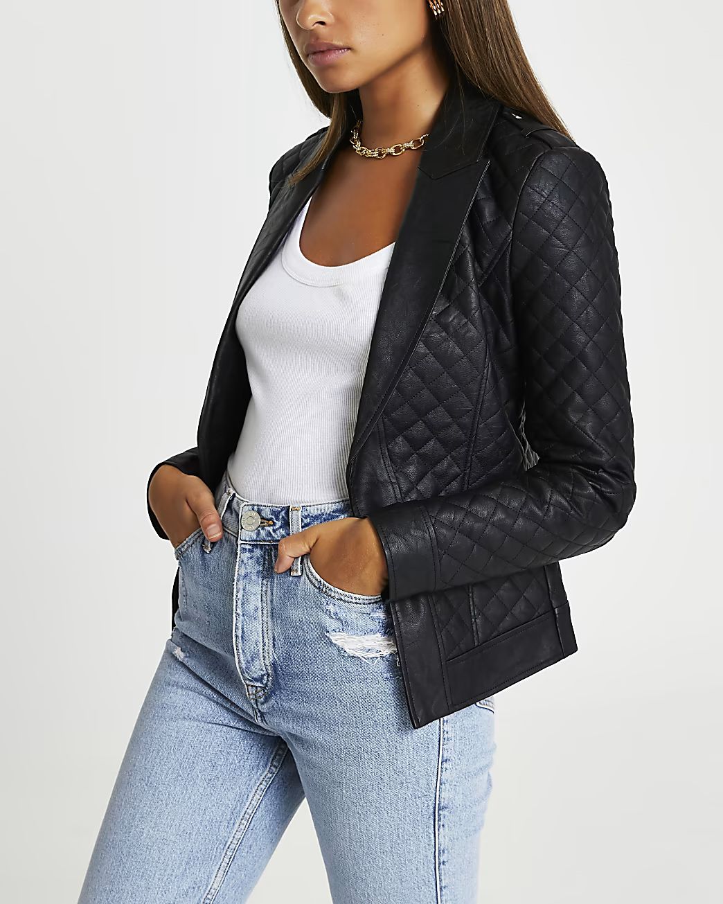 River Island Womens Black faux leather quilted blazer | River Island (US)