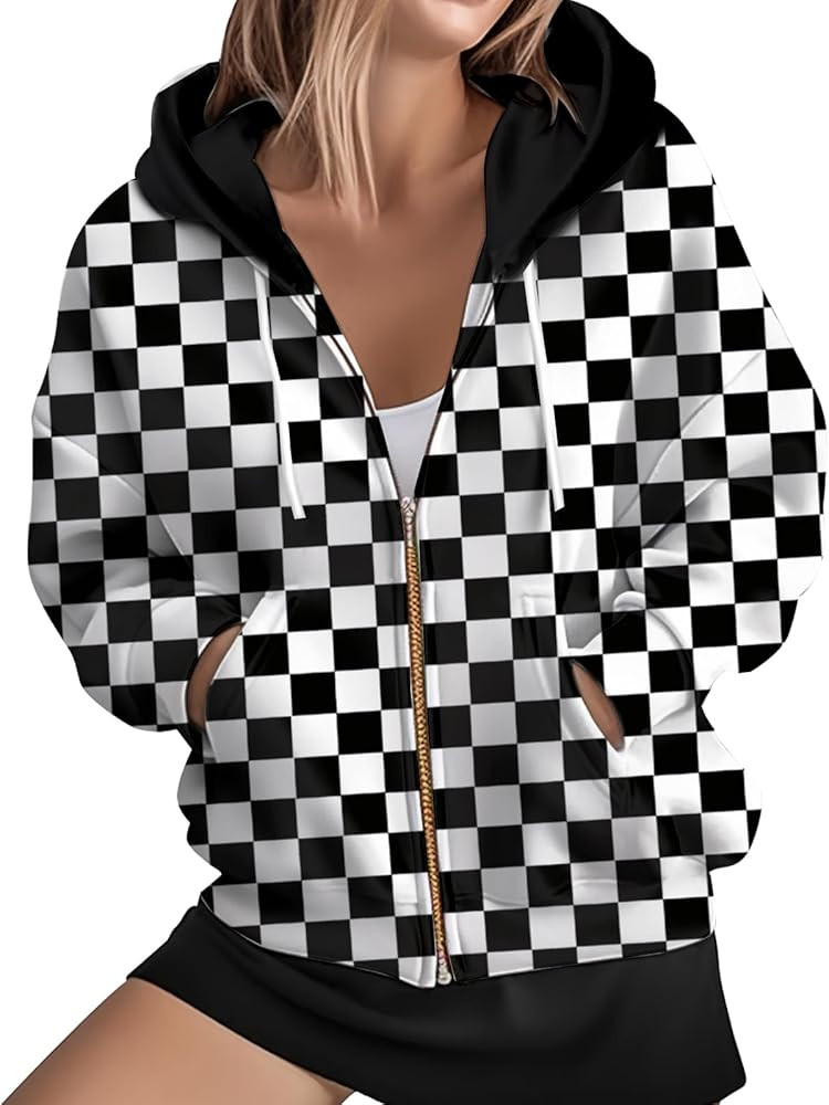 Women's Zip Front Plaid Sweatshirts Print Hoodie Fall Jackets Long Sleeve Casual Drawstring Cloth... | Amazon (US)