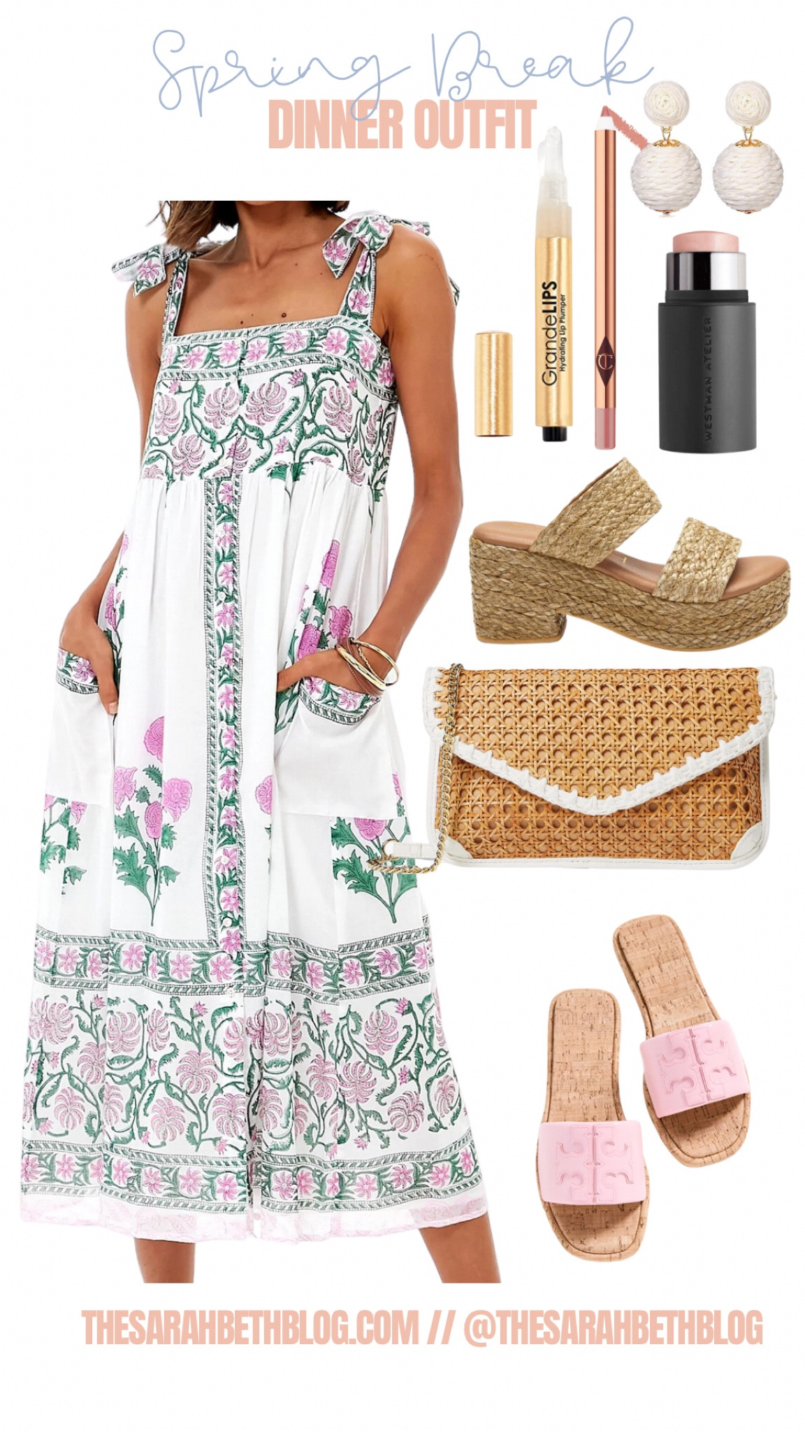Spring break dinner outfit ideas. Juliet Dunn dress, beach by Matisse rattan heels, white rattan Amazon earrings Tory Burch pink sandals 

#LTKstyletip #LTKtravel #LTKSeasonal