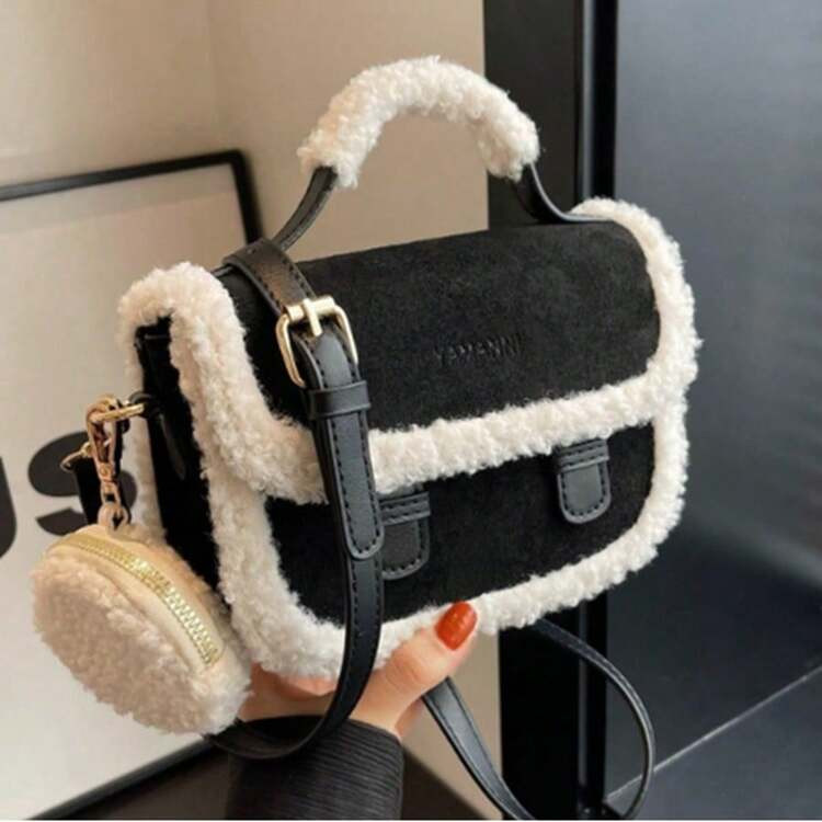 Fashionable Retro Style Black Mini Tote Bag With Furry Edge, New Arrival Fur Purse | SHEIN