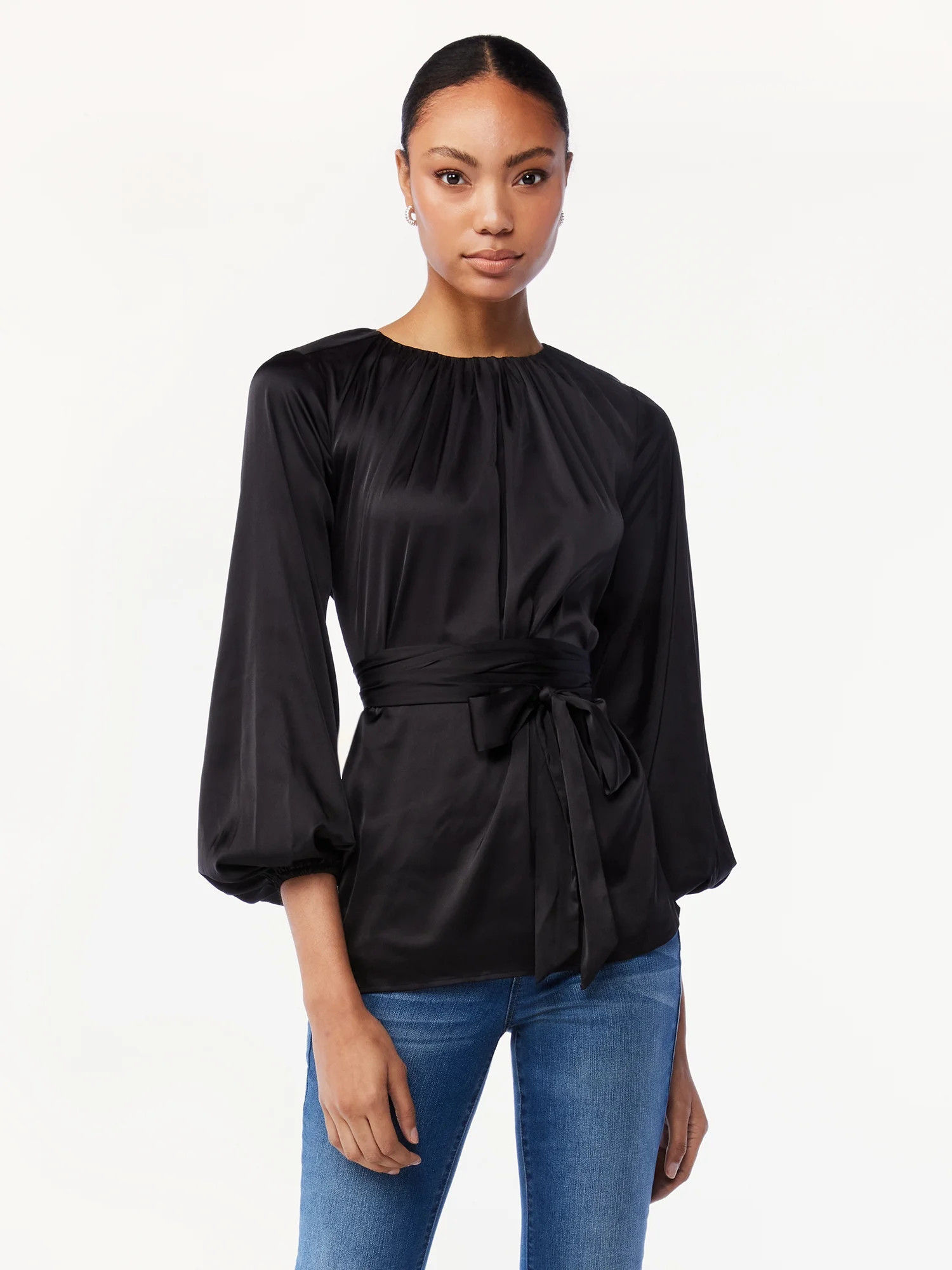 Scoop Women's Belted Blouse with Blouson Sleeves - Walmart.com | Walmart (US)
