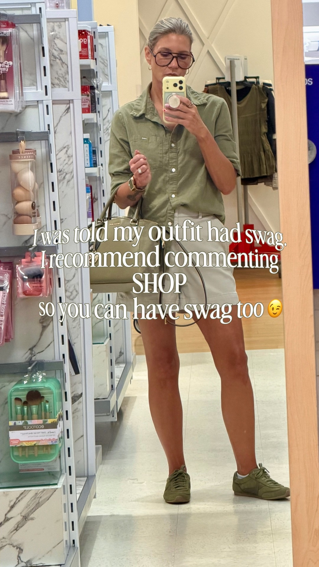Button up: SHEIN • small
Shorts: Spanx • small
Sneakers: Walmart • fit tts
Bag: Michael Kors
Glasses: Raybans