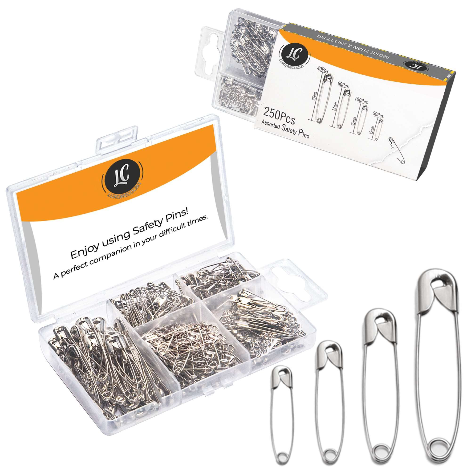 250 Pack Safety Pins by Luxurecourt, 4 Assorted Sizes of Durable, Silver Small and Large Safety P... | Amazon (US)