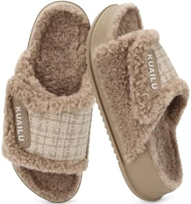 KuaiLu Cushion Slippers For Women with Orthotic Arch Support Wide Adjustable Open Toe Furry Fur S... | Amazon (US)