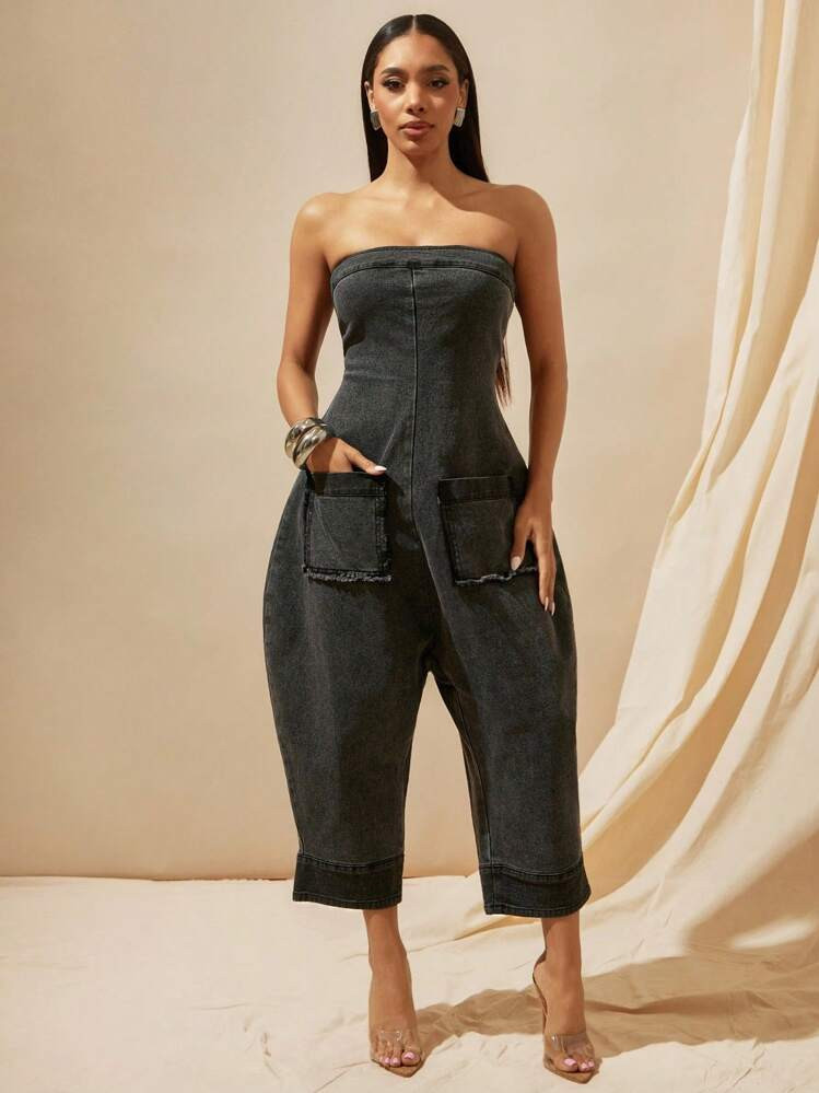 Vixey Strapless Denim Harem Jumpsuit, Summer Outfits For Women, Summer Clothes Women, Fall Women Clothes, Fall Outfits, Streetwear Women, Autumn, Back To School Clothes, Date Night Outfits Women | SHEIN