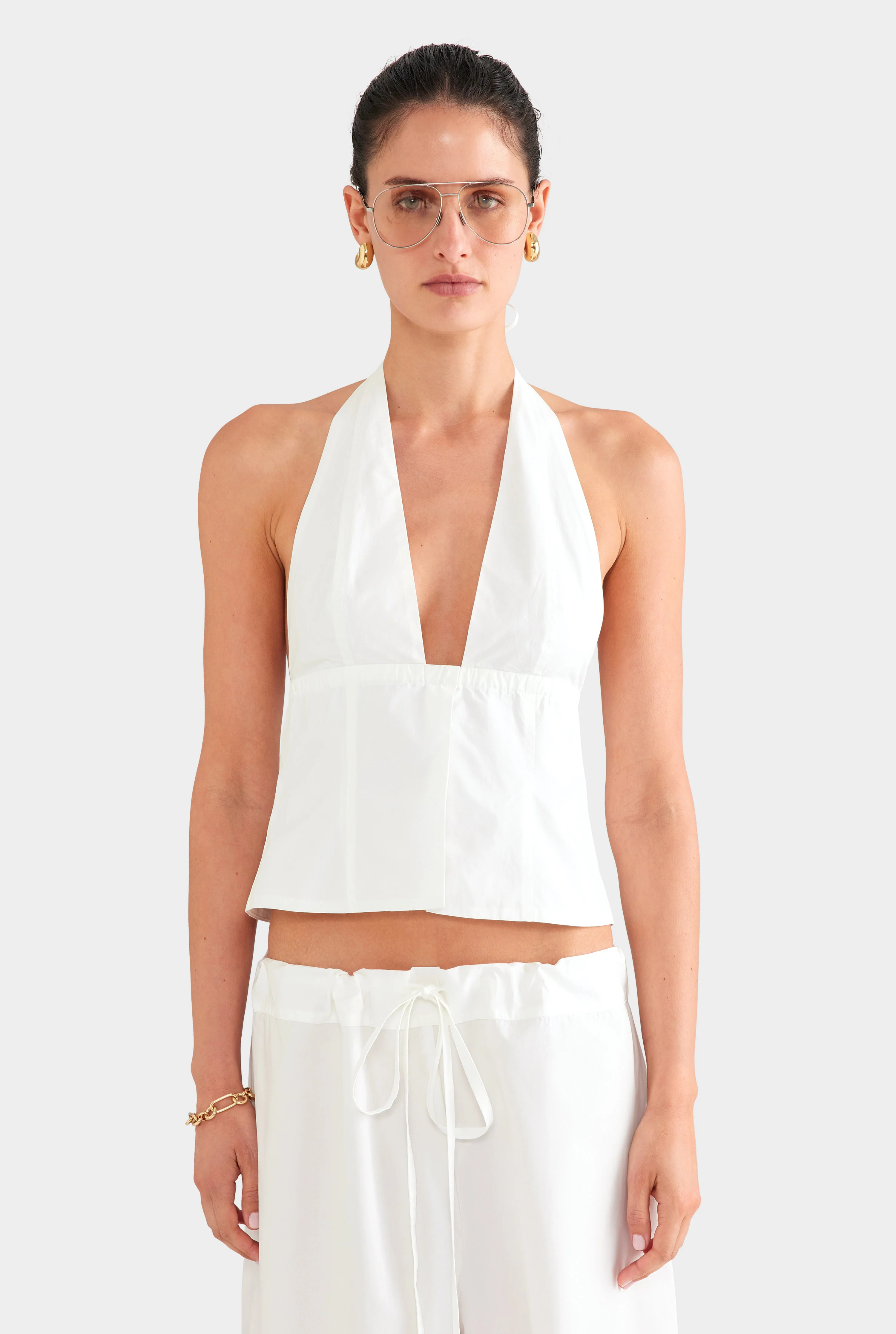 Panelled Cotton Halter Top White | Venroy | Venroy AU