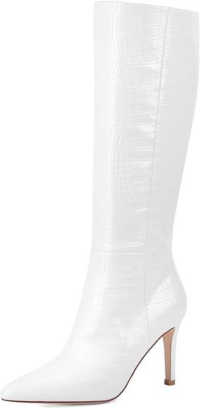 Modatope Knee High Boots Women Faux Crocodile High Heel Pointed Toe Tall Boots Side Zipper Long B... | Amazon (US)