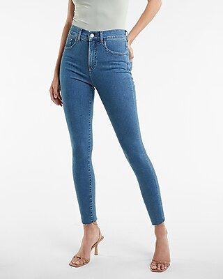 High Waisted Supersoft Medium Wash Raw Hem Cropped Skinny Jean | Express