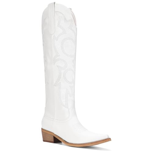 RURUNA Women's Knee High Cowboy Boots for Women- Pointed Toe Cowgirl Boots Women with Side Zipper & Classic Embroidery Designs Ideal for Worker for Country Concert White | Amazon (US)