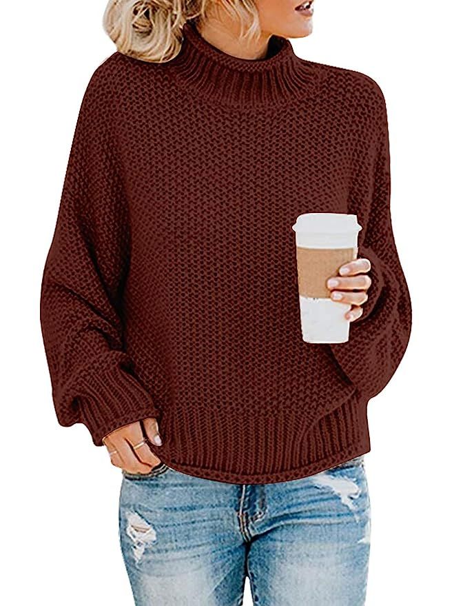 MILLCHIC Womens Turtleneck Sweaters Casual Baggy Batwing Long Sleeve Knitted Pullover Jumper Tops | Amazon (US)