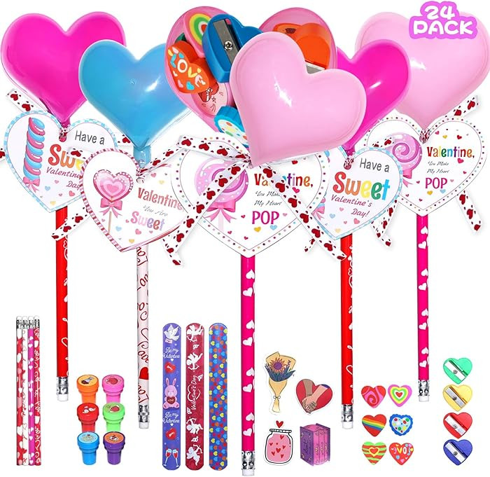 Valentine’s Day Gift Cards for Kids: 24 Pack Giant Heart-Shaped Lollipop Stationery Set with Pe... | Amazon (US)