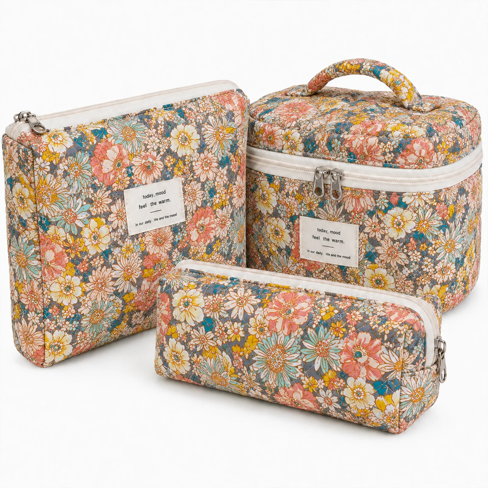 Lomyolo 3 Pcs Quilted Makeup Bag Set for Women, Cute Floral Cosmetic Bags, Large Travel Toiletry Bag, Makeup Pouch & Brush Bag Organizer - Vintage Garden Floral - Walmart.com | Walmart (US)